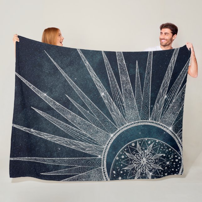 Couverture Polaire Elégant Silver Sun Moon Doodle Mandala Blue Design (En situation)