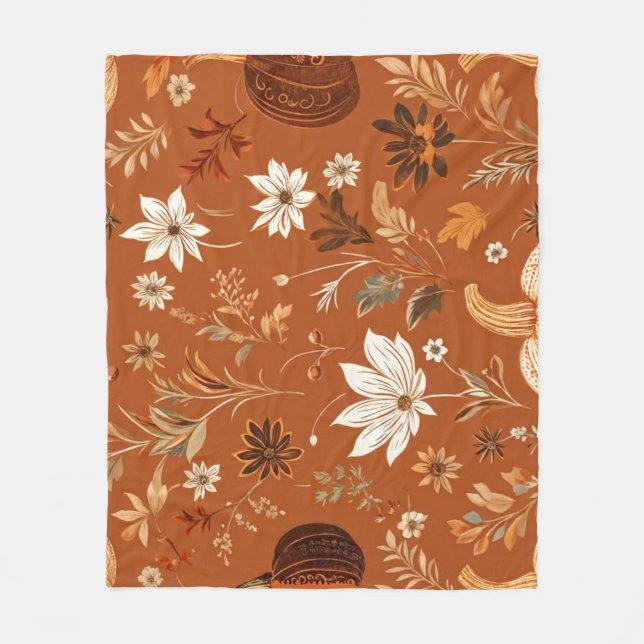 Couverture Polaire Élégant Terra Cota Citrouille Automne Motif Floral (Devant)