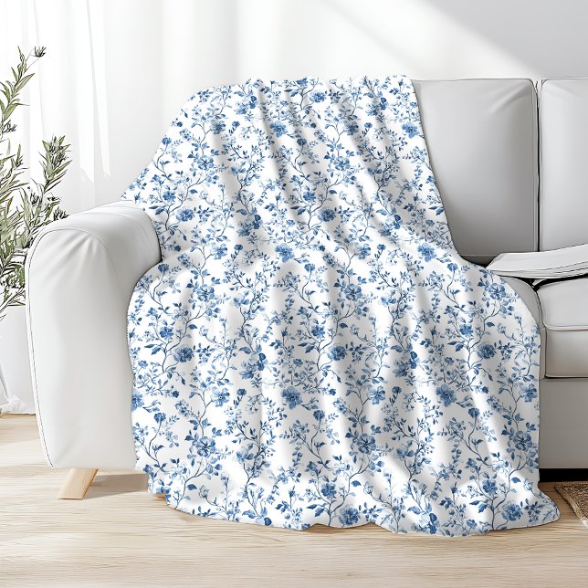 Couverture Polaire Elegant Toile Floral Pattern Blue and White (Elegant blue and white toile pattern fleece blanket - perfect staying cosy in style!)