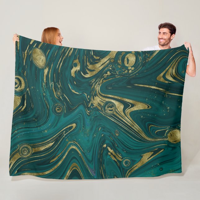 Couverture Polaire Élégant Turquoise Vert & Or Marbre Swirl (En situation)