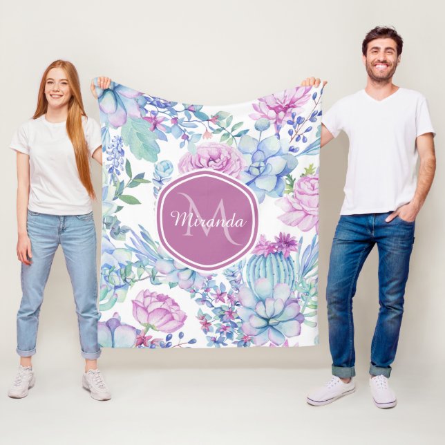 Couverture Polaire Élégant violet et bleu Succulent Floral avec nom (En situation)