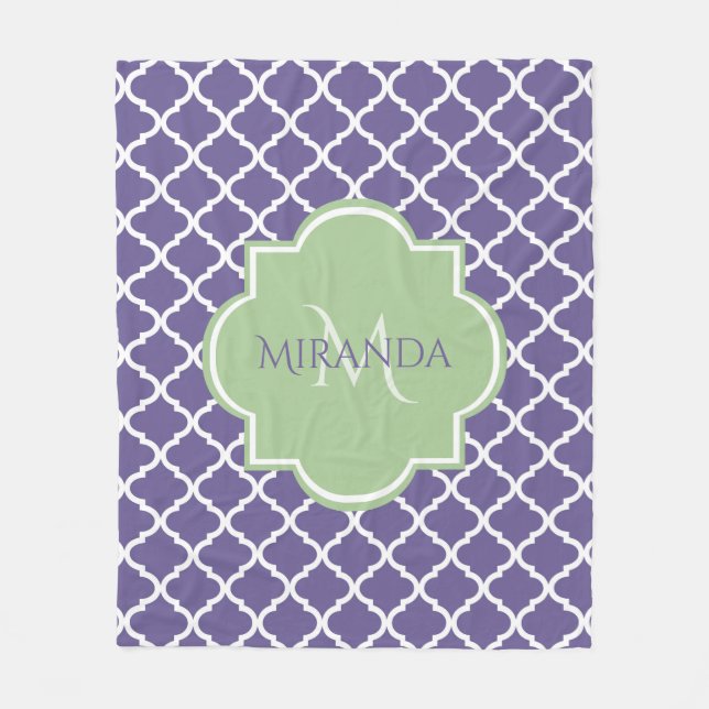 Couverture Polaire Élégant violet Quatrefoil et nom vert Monogramme (Devant)