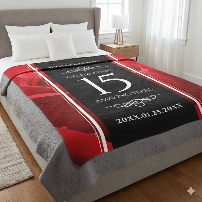 Couverture Polaire Élégante fête du 15e anniversaire du Mariage Rose (15th Rose Wedding Anniversary Fleece Blanket Cover Photo)
