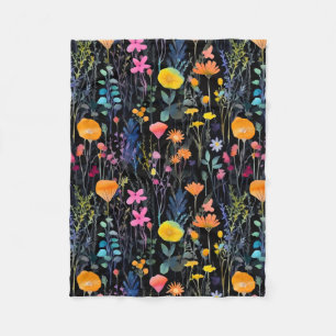 Couverture Polaire Élégantes fleurs sauvages colorées aquarelle noir