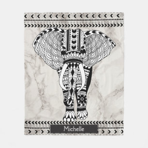 Couverture Polaire Eléphant à motif tribal en marbre blanc et taupe
