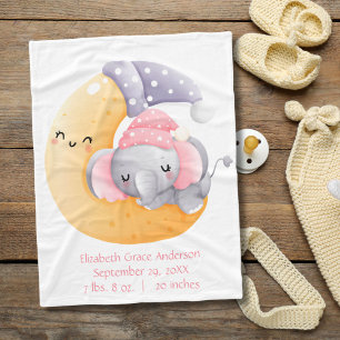 Couverture Polaire Éléphant dormant Fille rose Croissant Lune Bébé