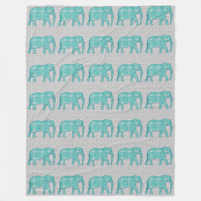 Couverture Polaire Eléphant fleur Mandala - turquoise, gris & blanc (Devant)
