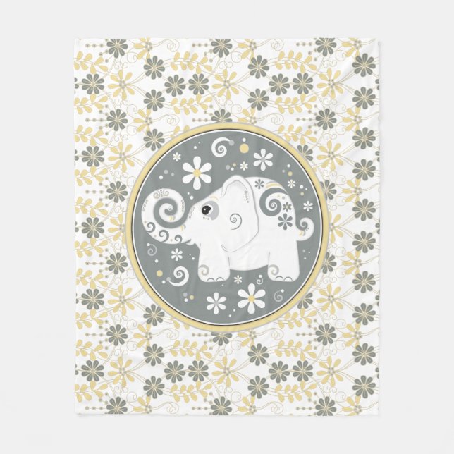 Couverture Polaire Eléphant Floral Jaune Blanc (Devant)