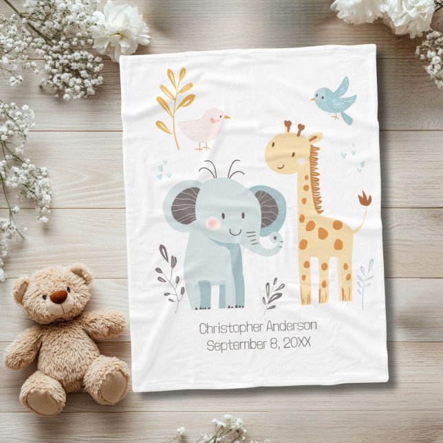 Couverture Polaire Eléphant Giraffe Oiseau Personnalisé Naissance Sta (Personalized Birth Stats Elephant Giraffe Bird Baby Blanket)