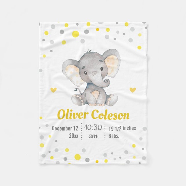 Couverture Polaire Eléphant gris jaune Polka Dot Baby Stats Nursery (Devant)