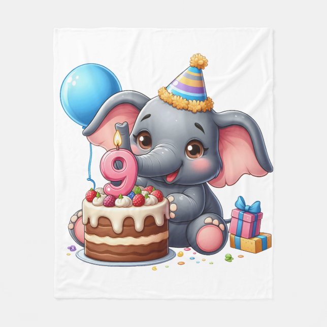Couverture Polaire Éléphant Mignon 9ème Anniversaire (Devant)