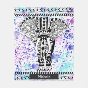 Couverture Polaire Éléphant modelé par tribal turquoise d'aquarell