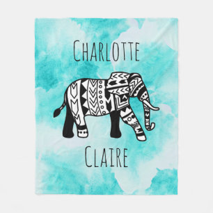 Couverture Polaire Éléphant noir et blanc d'aquarelle bleue Girly d