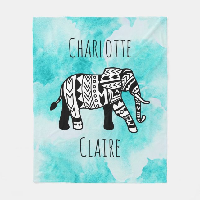 Couverture Polaire Éléphant noir et blanc d'aquarelle bleue Girly de (Devant)
