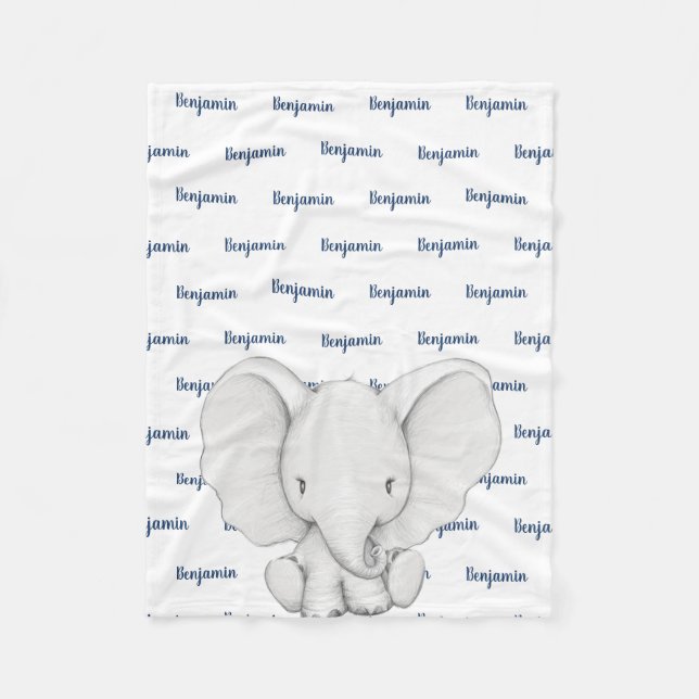 Couverture Polaire Éléphant Personnalisé Navy Nom Bleu Garçon (Devant)