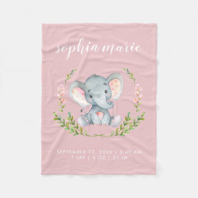Couverture Polaire Eléphant rose mignon Bébé Fille Statistiques de na (Devant)