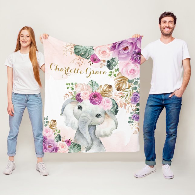 Couverture Polaire Eléphant tropical doux de Boho Blush Floral violet (En situation)