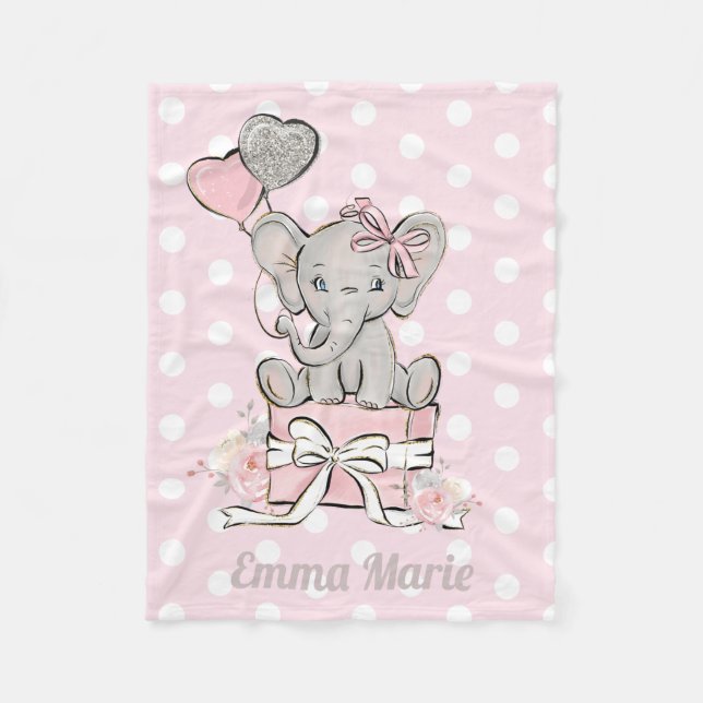 Couverture Polaire Éléphante Fille Bébé Ballons Rose Argent Paillette (Devant)