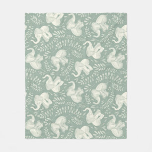 Couverture Polaire Eléphants riants mignons en Crème et Vert Sage