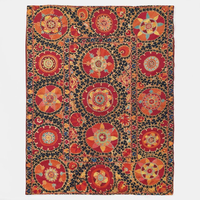 COUVERTURE POLAIRE EMBROIDÈRE FLORALE OUZBEK ROUGE ORANGE ANTIQUE (Devant)