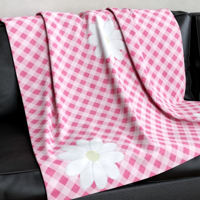 Couverture Polaire En vichy rose mignonne Vérifier Motif Fleur margue (A cute pink gingham check fleece blanket with daisy flowers at the corners)