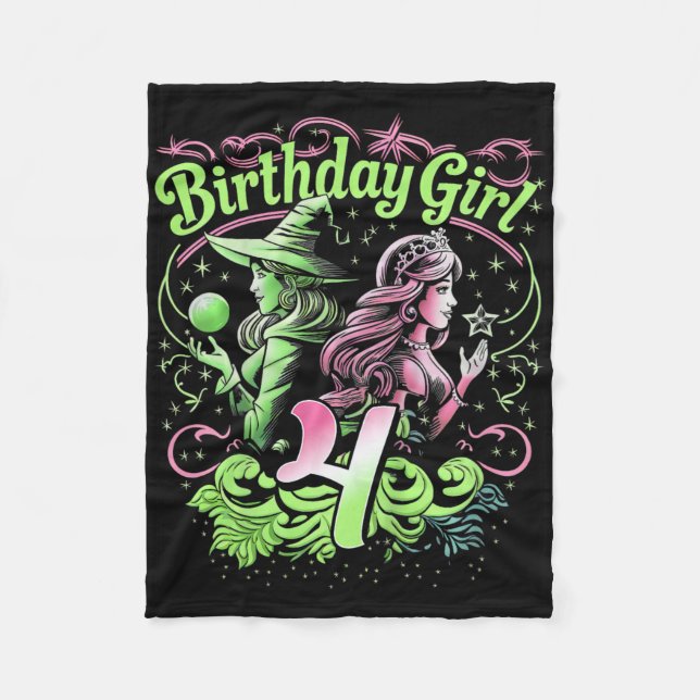 Couverture Polaire Enfants 4e Anniversaire Sorcière rose et vert 4 An (Devant)