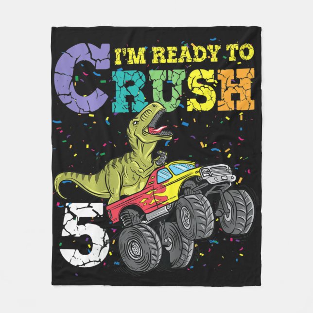 Couverture Polaire Enfants 5 ans 5e anniversaire dinosaure Trex garço (Devant)