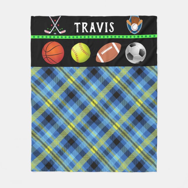 Couverture Polaire Enfants Super Sport Tartan Personnalisé Fleece Bla (Devant)
