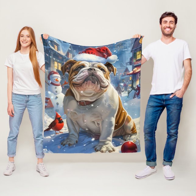 Couverture Polaire English Bulldog Winter Wonderland Christmas Joie (En situation)