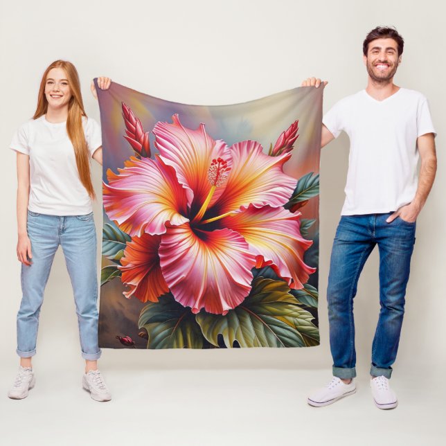 Couverture Polaire Épais velours tropical à fleurs d'Hibiscus rose (En situation)