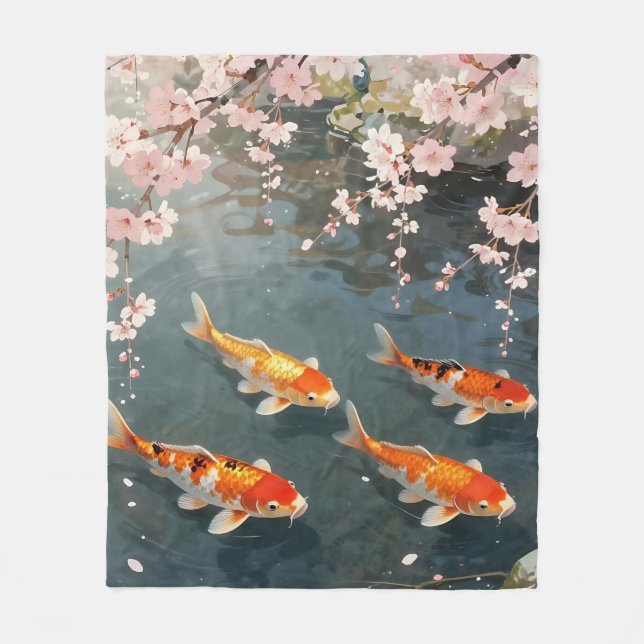 Couverture Polaire Étang de carpes Fleur de cerisier Sérénité (Devant)