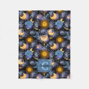Couverture Polaire Étoiles de la lune Motif céleste Soleil Monogramme
