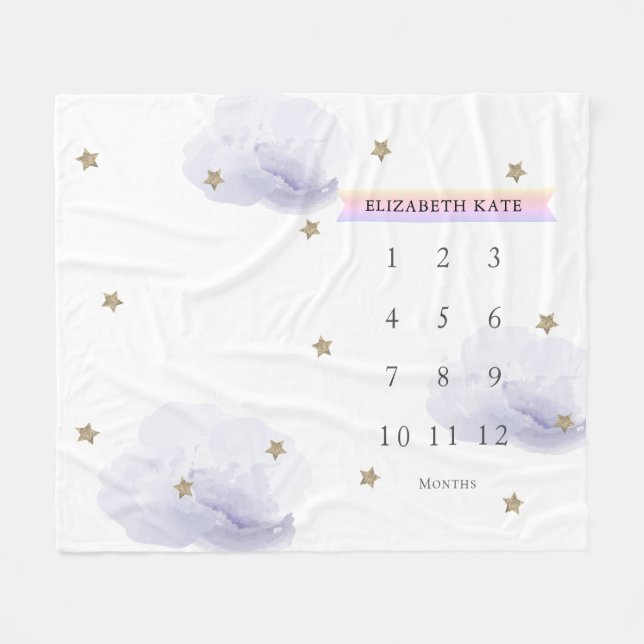 Couverture Polaire Étoiles d'or et nuages Lavender jalon mensuel (Devant (Horizontal))