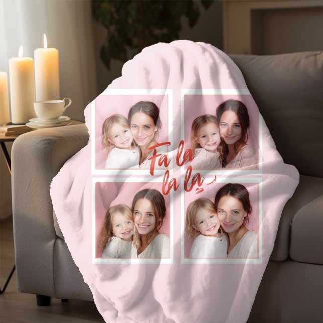 Couverture Polaire Fa La La La Collage Photo de Noël Rose Blush  (Créateur téléchargé)