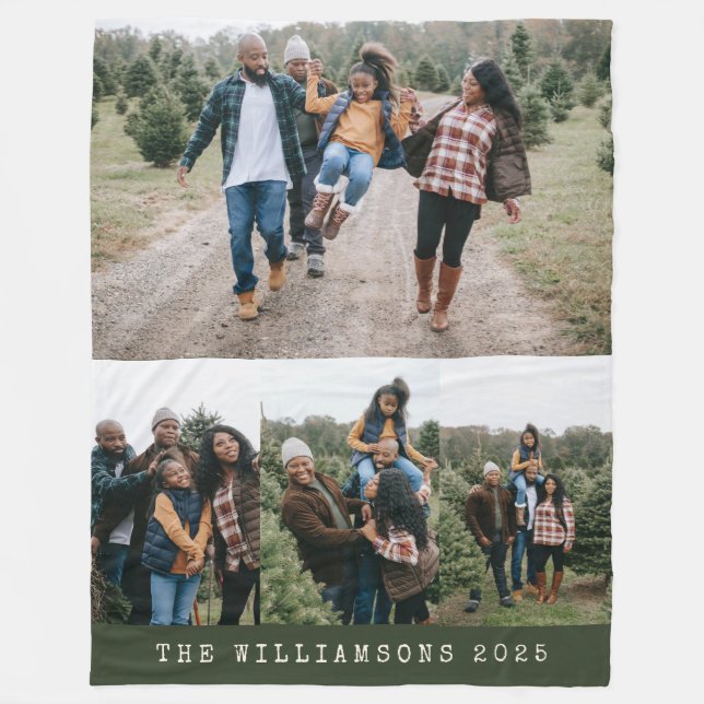 Couverture Polaire Famille 4 Photo Collage personnalisé Nom vert Noël (Devant)