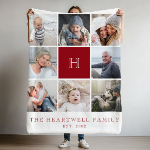 Couverture Polaire Famille 8 Photo Collage Monogramme Canneberge Roug