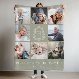 Couverture Polaire Famille 8 Photo Collage Monogramme Crest Sage Gree