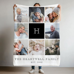 Couverture Polaire Famille 8 Photo Collage Monogramme noir et blanc