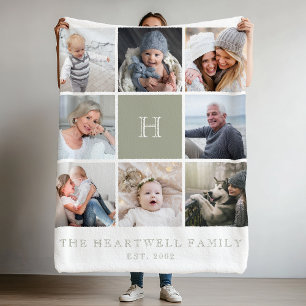 Couverture Polaire Famille 8 Photo Collage Monogramme Sage Green