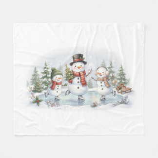 Couverture Polaire Famille de bonshommes de neige patinant sur glace