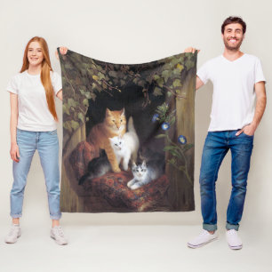Couverture Polaire Famille de chats et feuille d'ivoire par Henriette