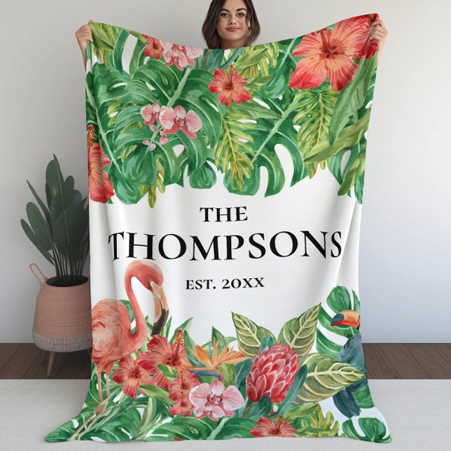 Couverture Polaire Famille de flamants roses de verdure tropicale (Créateur téléchargé)