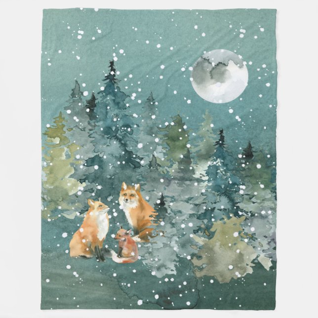Couverture Polaire Famille Fox en forêt Pleine lune neige (Devant)