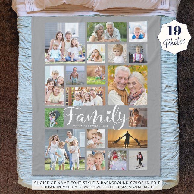 Couverture Polaire FAMILLE moderne 19 Photo Collage Script Heart Grey (Créateur téléchargé)