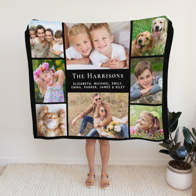 Couverture Polaire Famille Monogramme Nom 8 Photo Collage noir (Créateur téléchargé)