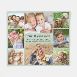 Couverture Polaire Famille Monogramme Nom 8 Photo Collage Sage Green