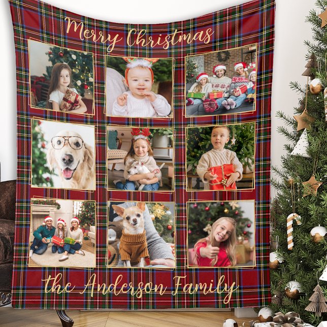 Couverture Polaire Famille Noël Plaid Gold Custom Photo Collage (Créateur téléchargé)