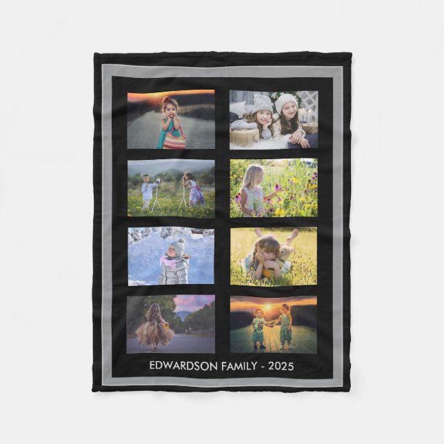 Couverture Polaire Famille noire moderne gris collage photo monogramm (Devant)