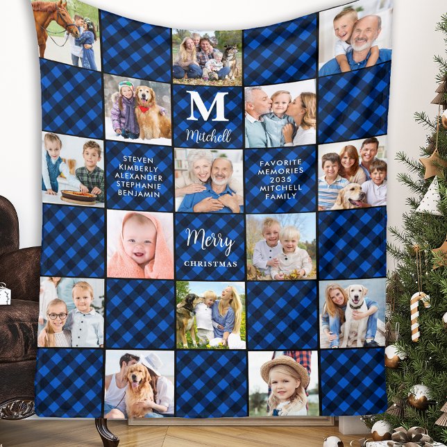 Couverture Polaire Family Blue Plaid Patchwork Customized 15 Picture (Créateur téléchargé)