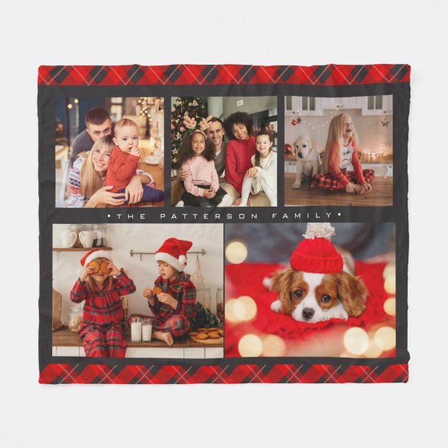 Couverture Polaire Family Name 5 Photo Collage Red Plaid Modern (Devant (Horizontal))
